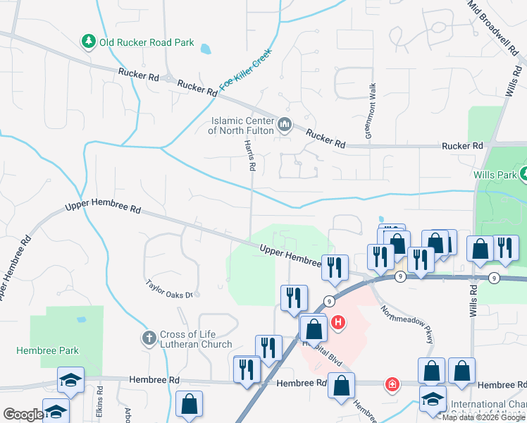 map of restaurants, bars, coffee shops, grocery stores, and more near 4205 Harris Ridge Court in Roswell