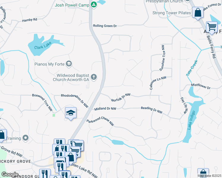map of restaurants, bars, coffee shops, grocery stores, and more near 1193 Meadow Oaks Drive Northwest in Acworth