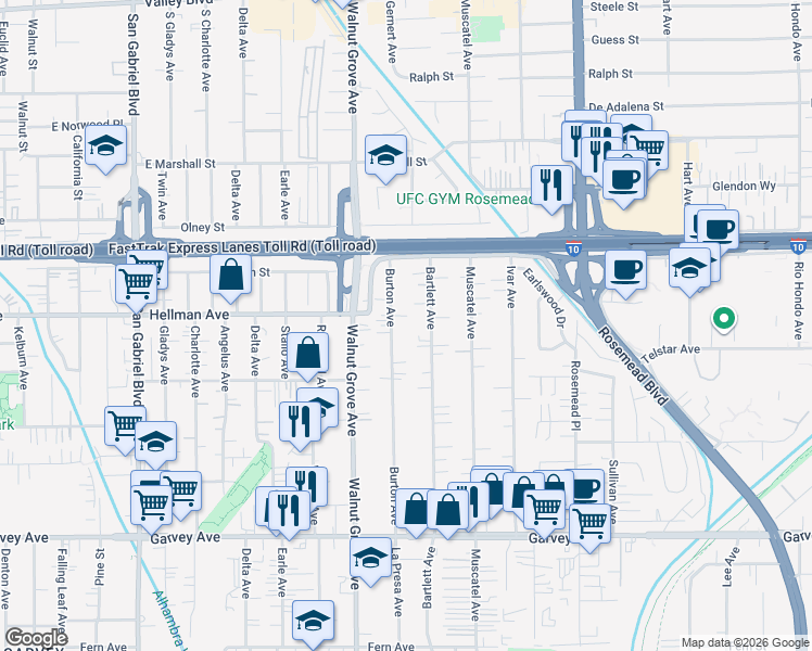 map of restaurants, bars, coffee shops, grocery stores, and more near 3362 Burton Avenue in Rosemead