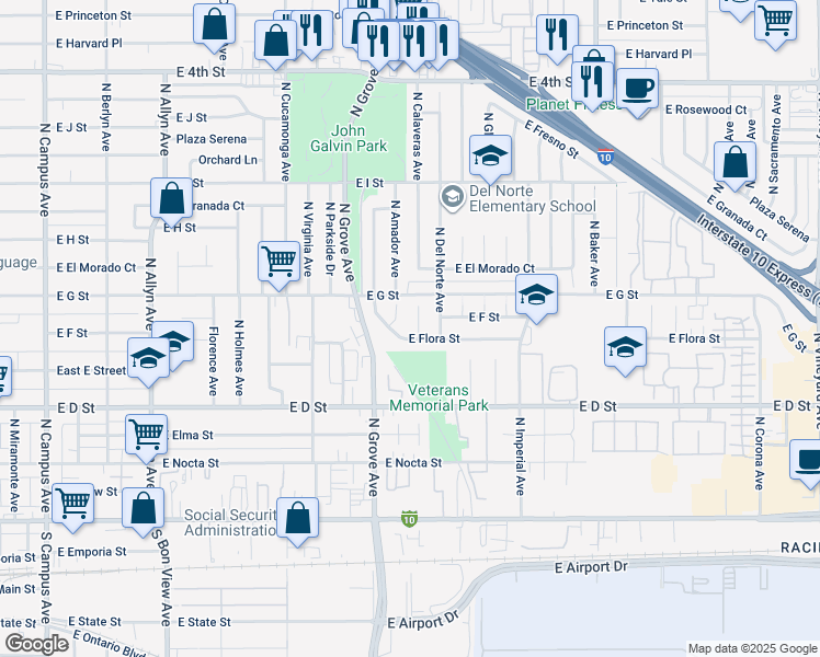 map of restaurants, bars, coffee shops, grocery stores, and more near 609 North Calaveras Avenue in Ontario