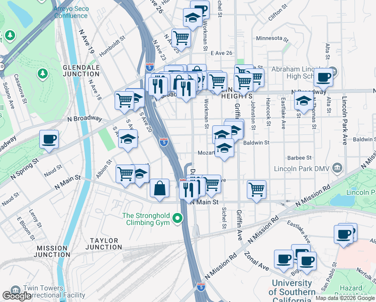 map of restaurants, bars, coffee shops, grocery stores, and more near 2125 Mozart Street in Los Angeles