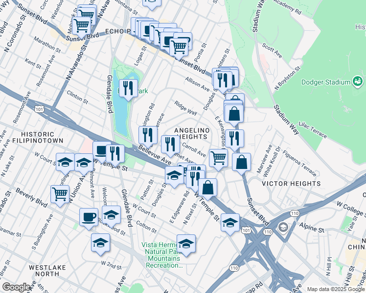 map of restaurants, bars, coffee shops, grocery stores, and more near 715 Douglas Street in Los Angeles