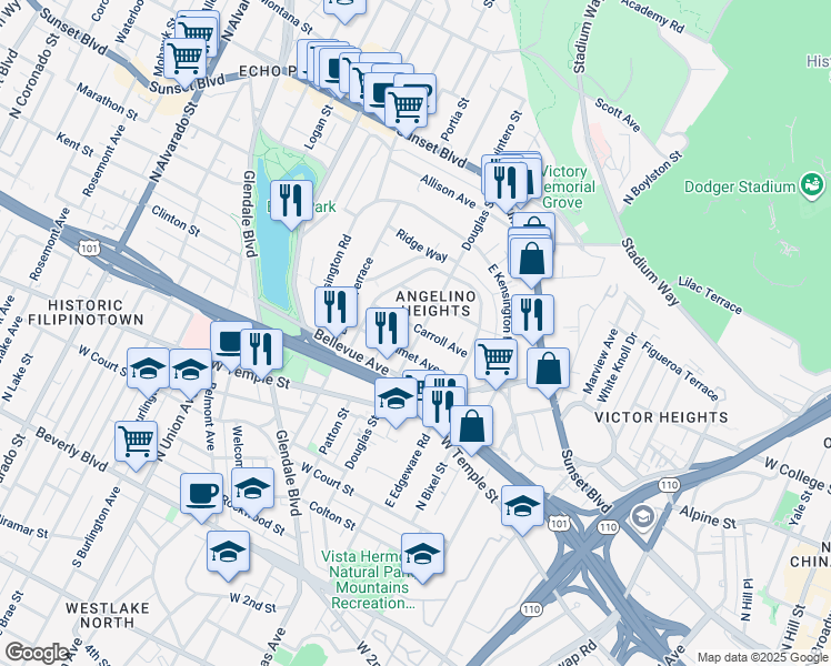 map of restaurants, bars, coffee shops, grocery stores, and more near 1400 Carroll Avenue in Los Angeles