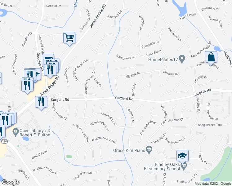 map of restaurants, bars, coffee shops, grocery stores, and more near 5535 Millwick Drive in Alpharetta