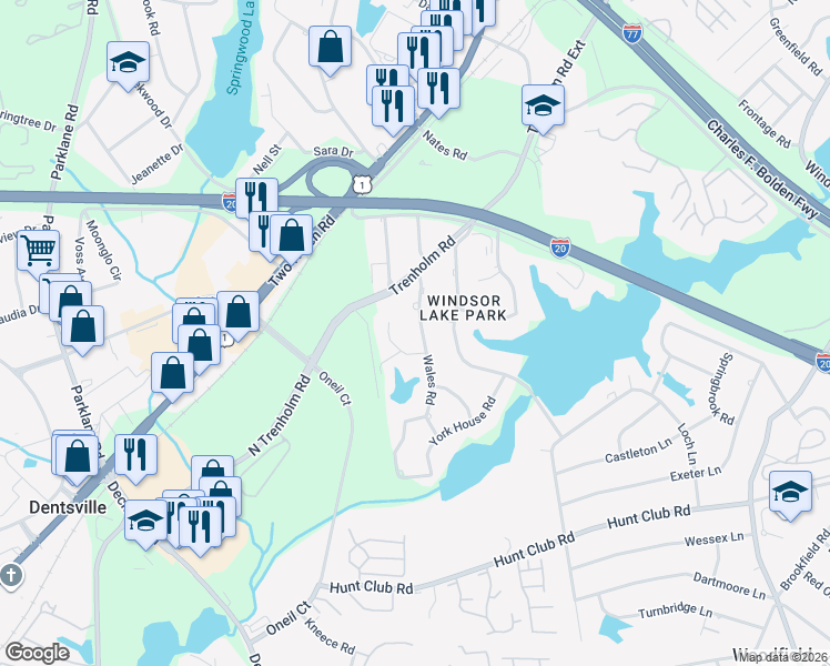 map of restaurants, bars, coffee shops, grocery stores, and more near 2823 Wales Road in Columbia