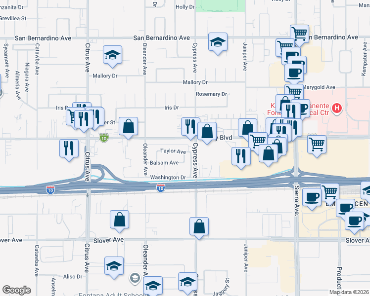 map of restaurants, bars, coffee shops, grocery stores, and more near 16474 Taylor Avenue in Fontana
