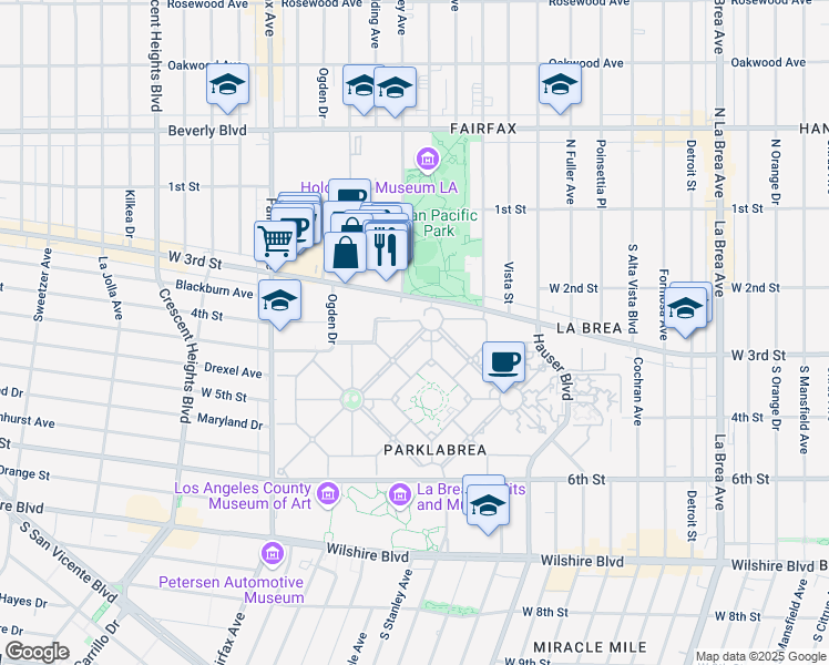 map of restaurants, bars, coffee shops, grocery stores, and more near 323 South Orange Grove Avenue in Los Angeles