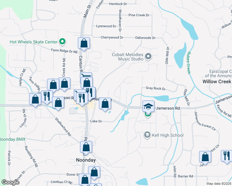 map of restaurants, bars, coffee shops, grocery stores, and more near 4830 Chapelle Court in Marietta