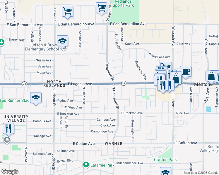 map of restaurants, bars, coffee shops, grocery stores, and more near 1248 Country Place in Redlands