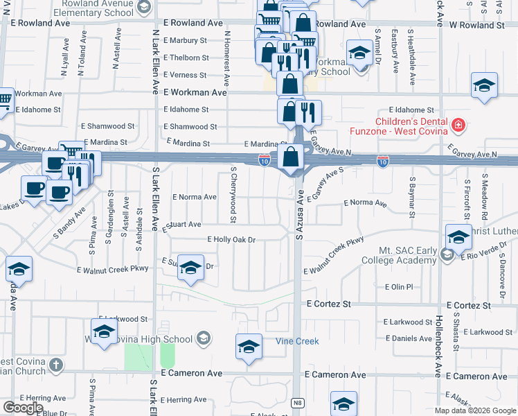 map of restaurants, bars, coffee shops, grocery stores, and more near 220 South Fernwood Street in West Covina