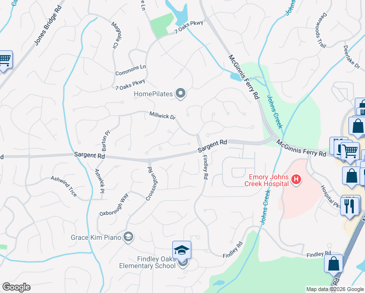 map of restaurants, bars, coffee shops, grocery stores, and more near 255 Devon Mill Court in Alpharetta