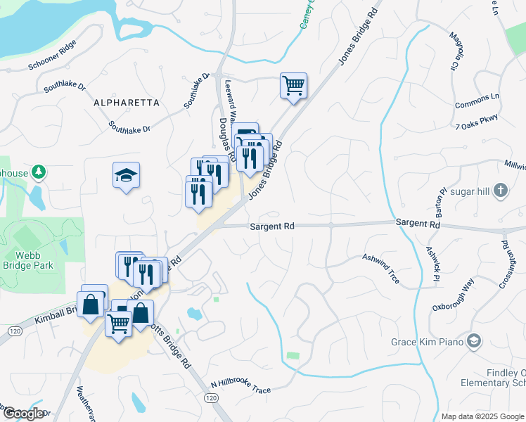 map of restaurants, bars, coffee shops, grocery stores, and more near 11894 Aspen Forest Drive in Alpharetta