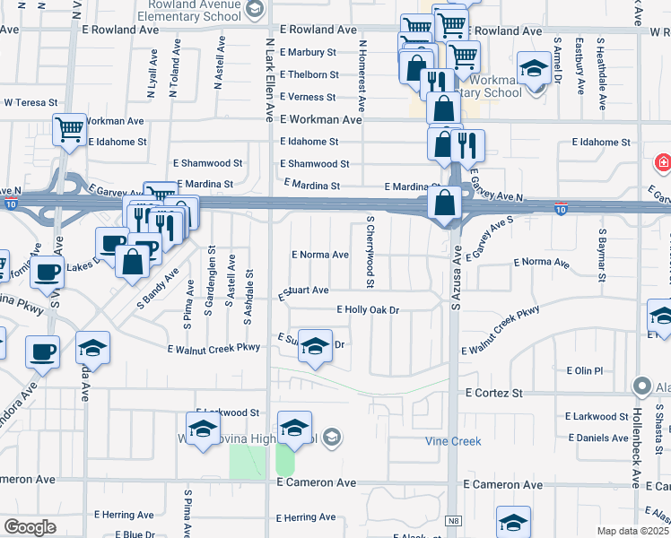 map of restaurants, bars, coffee shops, grocery stores, and more near 218 South Butterfield Road in West Covina