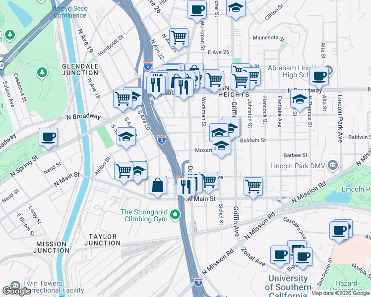 map of restaurants, bars, coffee shops, grocery stores, and more near 2125 Mozart Street in Los Angeles