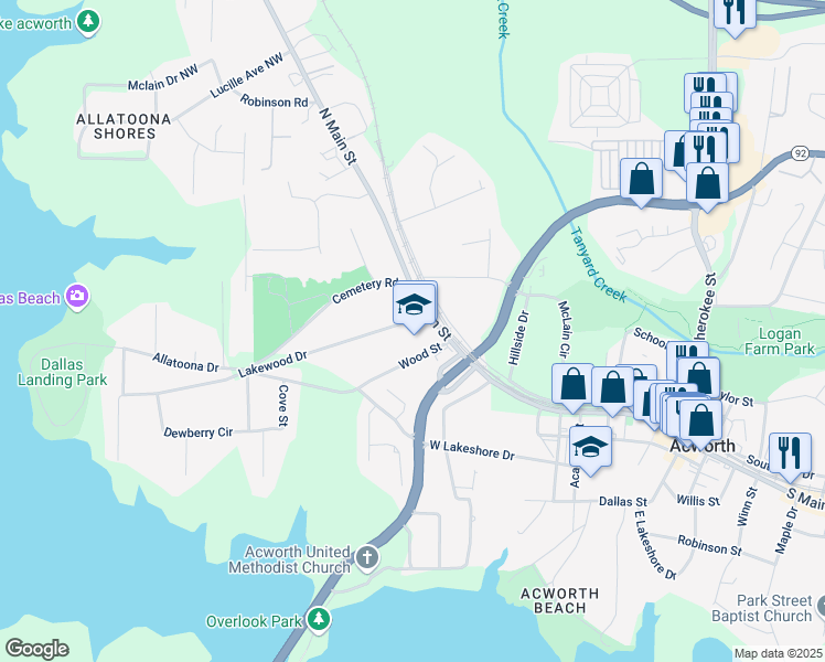 map of restaurants, bars, coffee shops, grocery stores, and more near 4751 Lakewood Drive in Acworth
