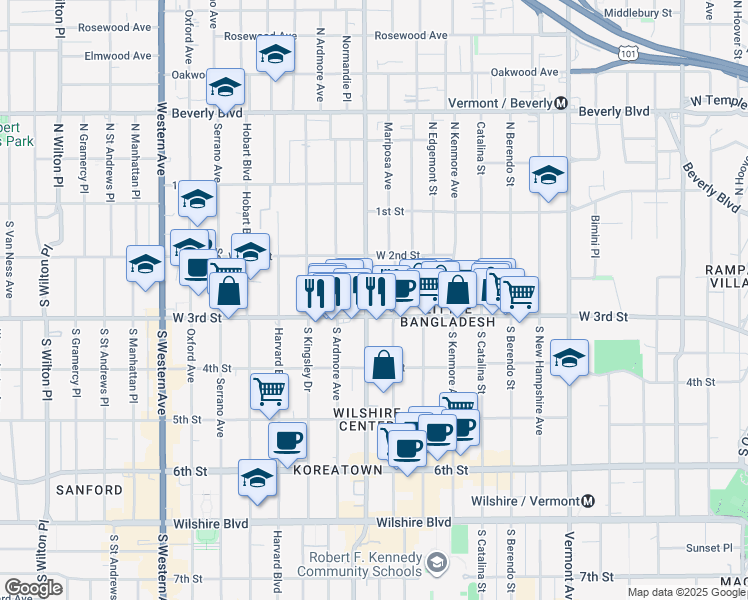 map of restaurants, bars, coffee shops, grocery stores, and more near 254 Normandie Avenue in Los Angeles