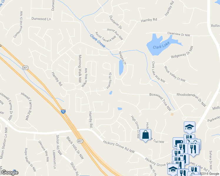 map of restaurants, bars, coffee shops, grocery stores, and more near 1922 Hamby Place Drive in Acworth