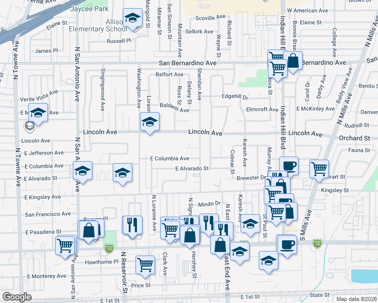 map of restaurants, bars, coffee shops, grocery stores, and more near 1126 Ringe Court in Pomona