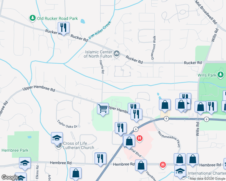 map of restaurants, bars, coffee shops, grocery stores, and more near 4211 Harris Ridge Court in Roswell