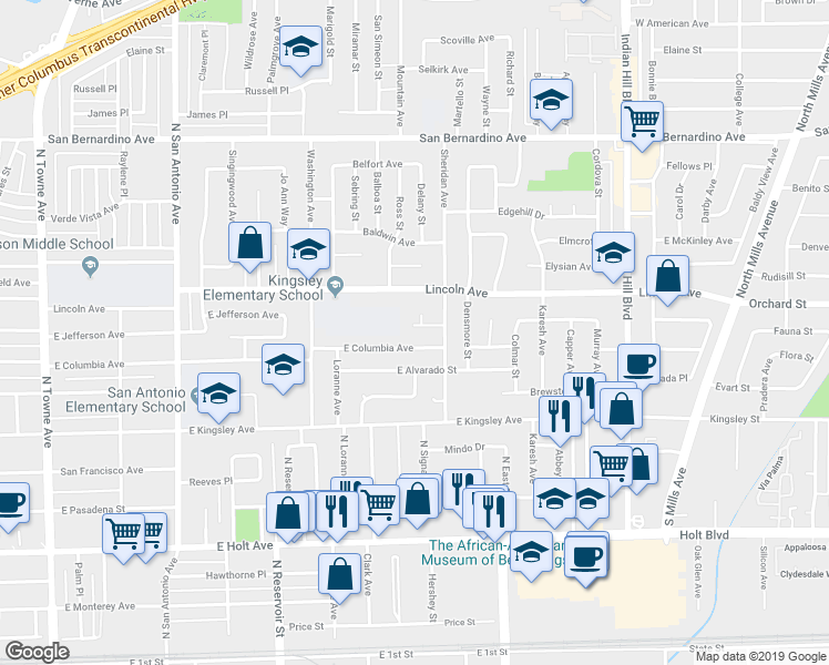 map of restaurants, bars, coffee shops, grocery stores, and more near 1126 Ringe Court in Pomona