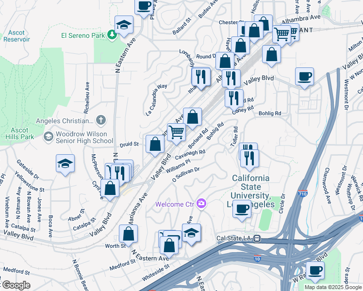 map of restaurants, bars, coffee shops, grocery stores, and more near 5024 Valley Boulevard in Los Angeles