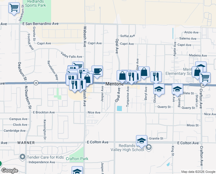 map of restaurants, bars, coffee shops, grocery stores, and more near 1780 Mentone Boulevard in Mentone