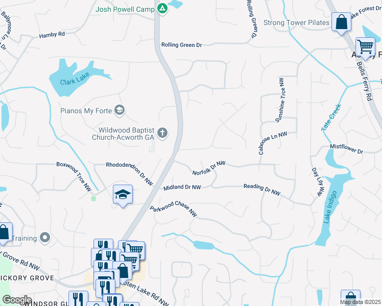 map of restaurants, bars, coffee shops, grocery stores, and more near 1193 Meadow Oaks Drive Northwest in Acworth