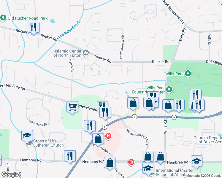 map of restaurants, bars, coffee shops, grocery stores, and more near 1460 Bellsmith Drive in Roswell