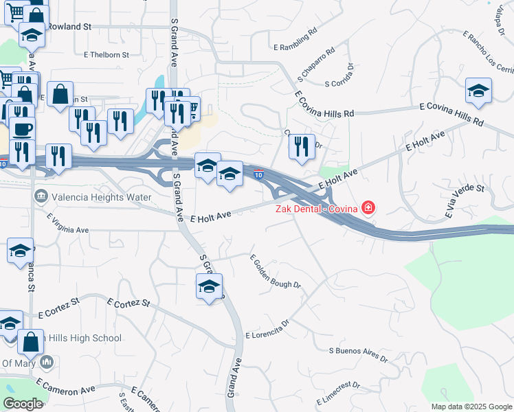 map of restaurants, bars, coffee shops, grocery stores, and more near 3630 East Holt Avenue in West Covina