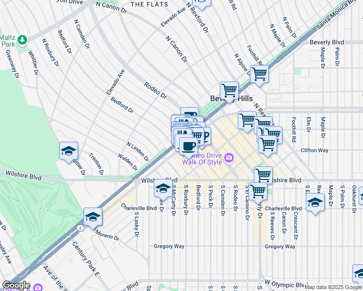 map of restaurants, bars, coffee shops, grocery stores, and more near 441 North Camden Drive in Beverly Hills
