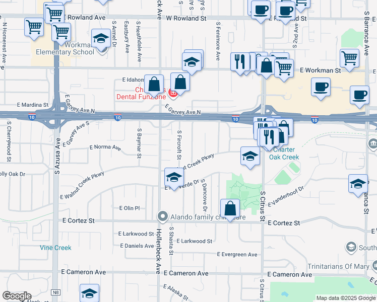 map of restaurants, bars, coffee shops, grocery stores, and more near 213 South Meadow Road in West Covina