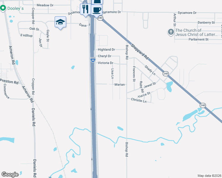 map of restaurants, bars, coffee shops, grocery stores, and more near 1207 Lisa Lane in Burkburnett