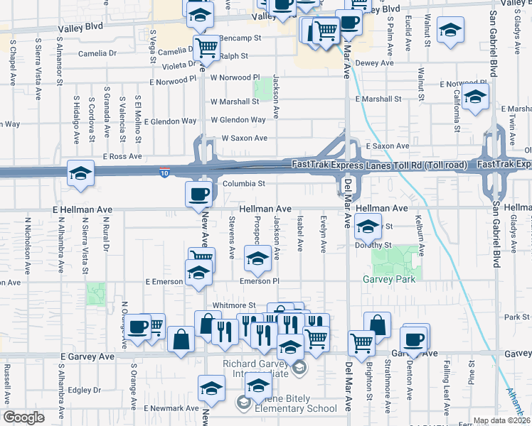 map of restaurants, bars, coffee shops, grocery stores, and more near 7564 Hellman Avenue in Rosemead