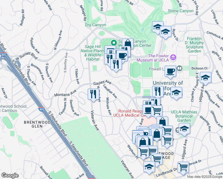 map of restaurants, bars, coffee shops, grocery stores, and more near 442 Landfair Avenue in Los Angeles