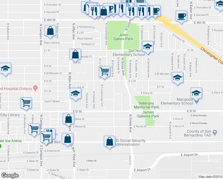 map of restaurants, bars, coffee shops, grocery stores, and more near 607 North Virginia Avenue in Ontario