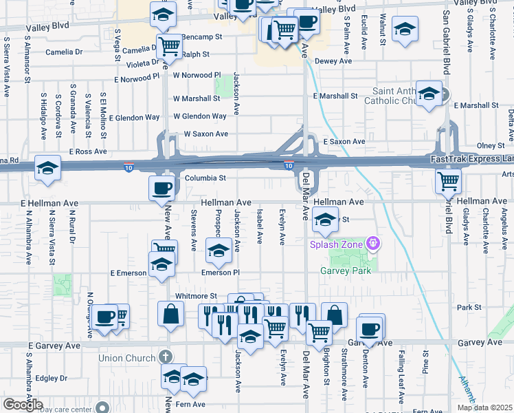 map of restaurants, bars, coffee shops, grocery stores, and more near 7634 Hellman Avenue in Rosemead