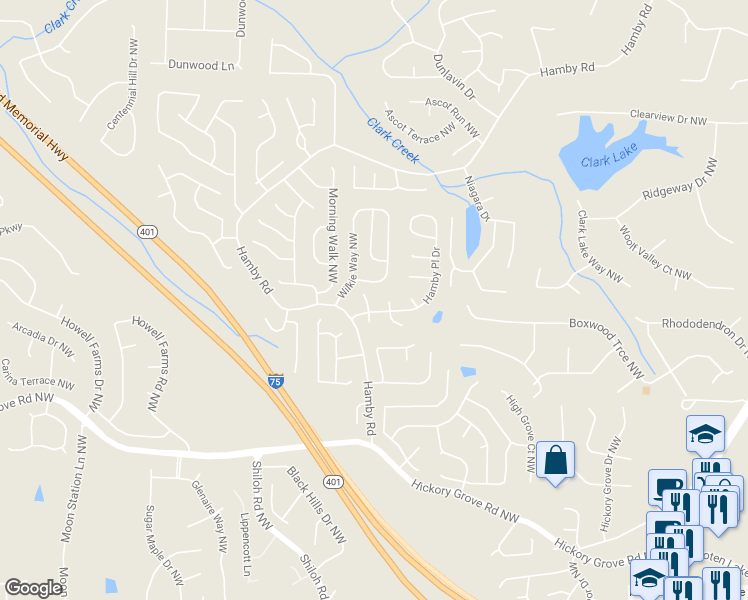 map of restaurants, bars, coffee shops, grocery stores, and more near 4794 Windrush Lane Northwest in Acworth