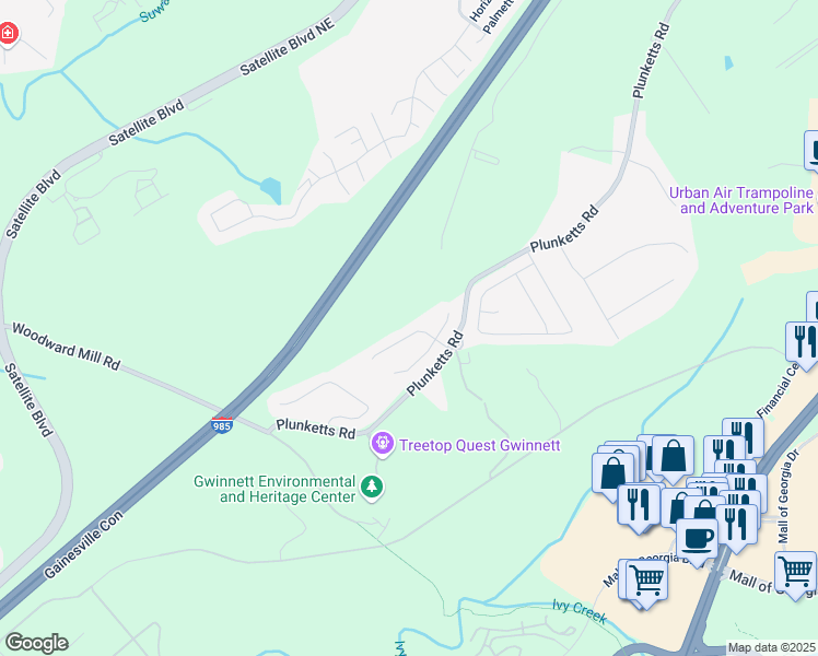 map of restaurants, bars, coffee shops, grocery stores, and more near 3535 Clarecastle Drive in Buford