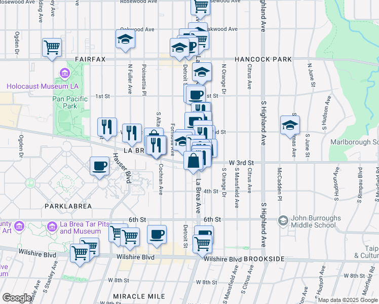 map of restaurants, bars, coffee shops, grocery stores, and more near 246 South Detroit Street in Los Angeles