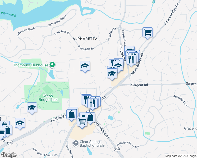 map of restaurants, bars, coffee shops, grocery stores, and more near 6415 Bannerhorn Run in Alpharetta