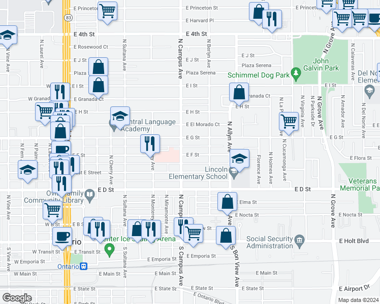 map of restaurants, bars, coffee shops, grocery stores, and more near 723 East F Street in Ontario