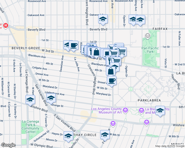 map of restaurants, bars, coffee shops, grocery stores, and more near 6401 Colgate Avenue in Los Angeles