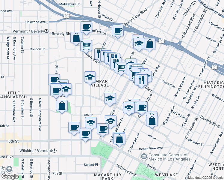 map of restaurants, bars, coffee shops, grocery stores, and more near 209 South Reno Street in Los Angeles