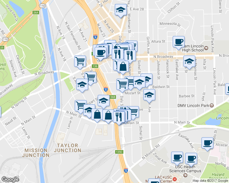 map of restaurants, bars, coffee shops, grocery stores, and more near 2109 Mozart St in Los Angeles