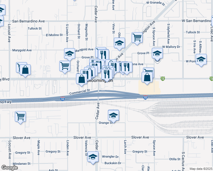 map of restaurants, bars, coffee shops, grocery stores, and more near 10143 Church Street in Bloomington