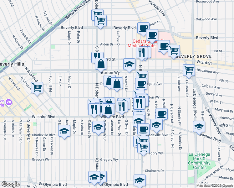 map of restaurants, bars, coffee shops, grocery stores, and more near 231 North La Peer Drive in Beverly Hills