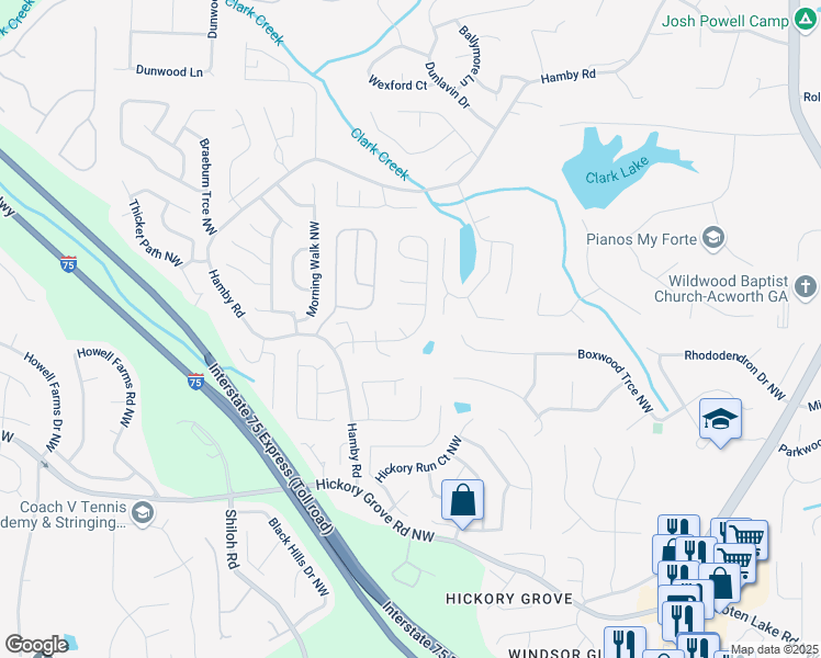 map of restaurants, bars, coffee shops, grocery stores, and more near 1922 Hamby Place Drive in Acworth