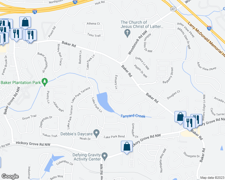 map of restaurants, bars, coffee shops, grocery stores, and more near 3018 Estuary Ridge in Acworth