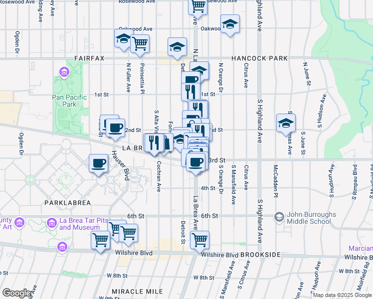 map of restaurants, bars, coffee shops, grocery stores, and more near 246 South Detroit Street in Los Angeles