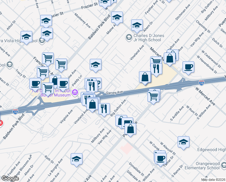 map of restaurants, bars, coffee shops, grocery stores, and more near 3020 Vineland Avenue in Baldwin Park